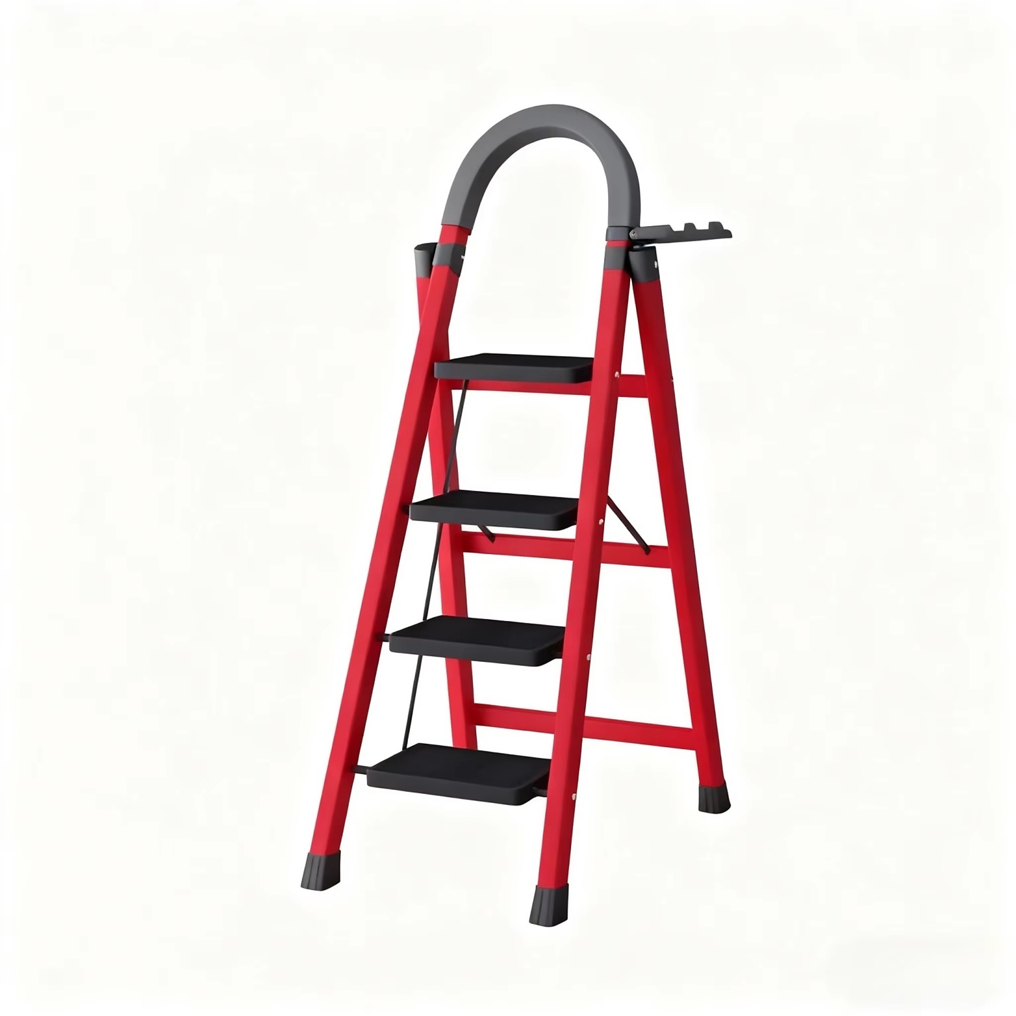 BlackTeck 4-Step Foldable Ladder — Safety Handle, Wide Anti-Slip Pedals, Red, Model# N2-SMK4